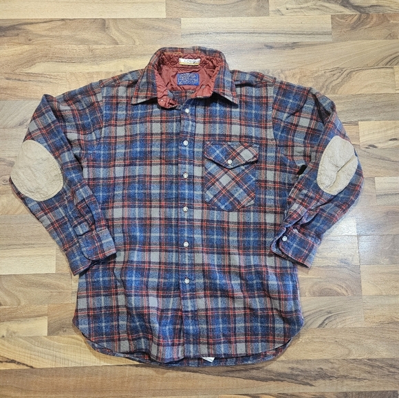 Vintage Pendleton LOBO 100% Wool Plaid Flannel Shirt Blue Brown Padded Elbows L - Picture 1 of 10
